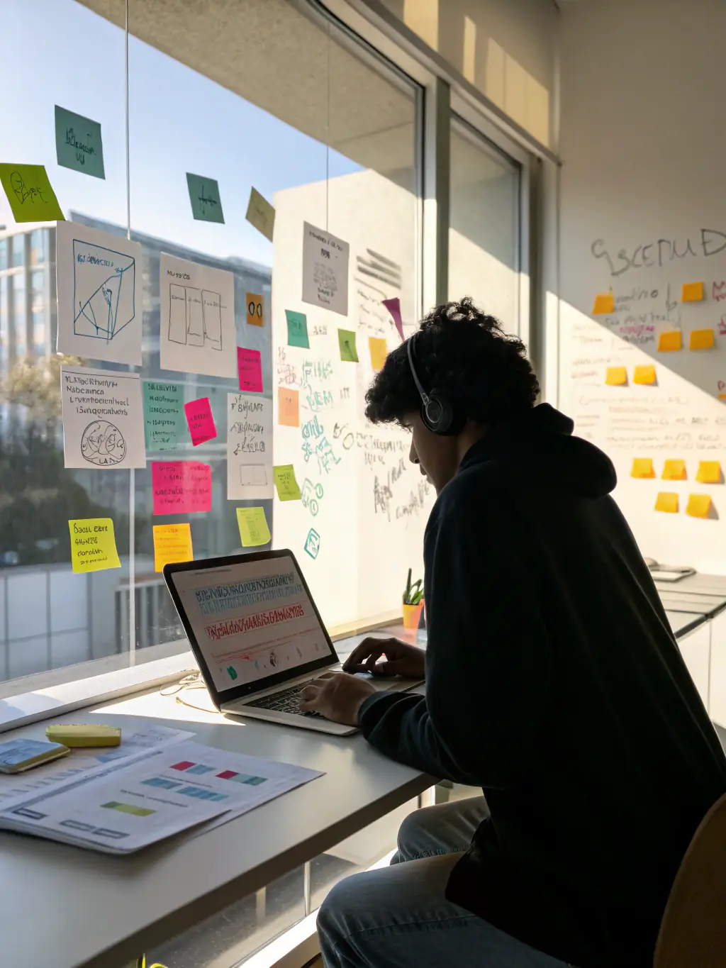 A focused individual working on a laptop in a co-working space, representing personal development and business acumen.