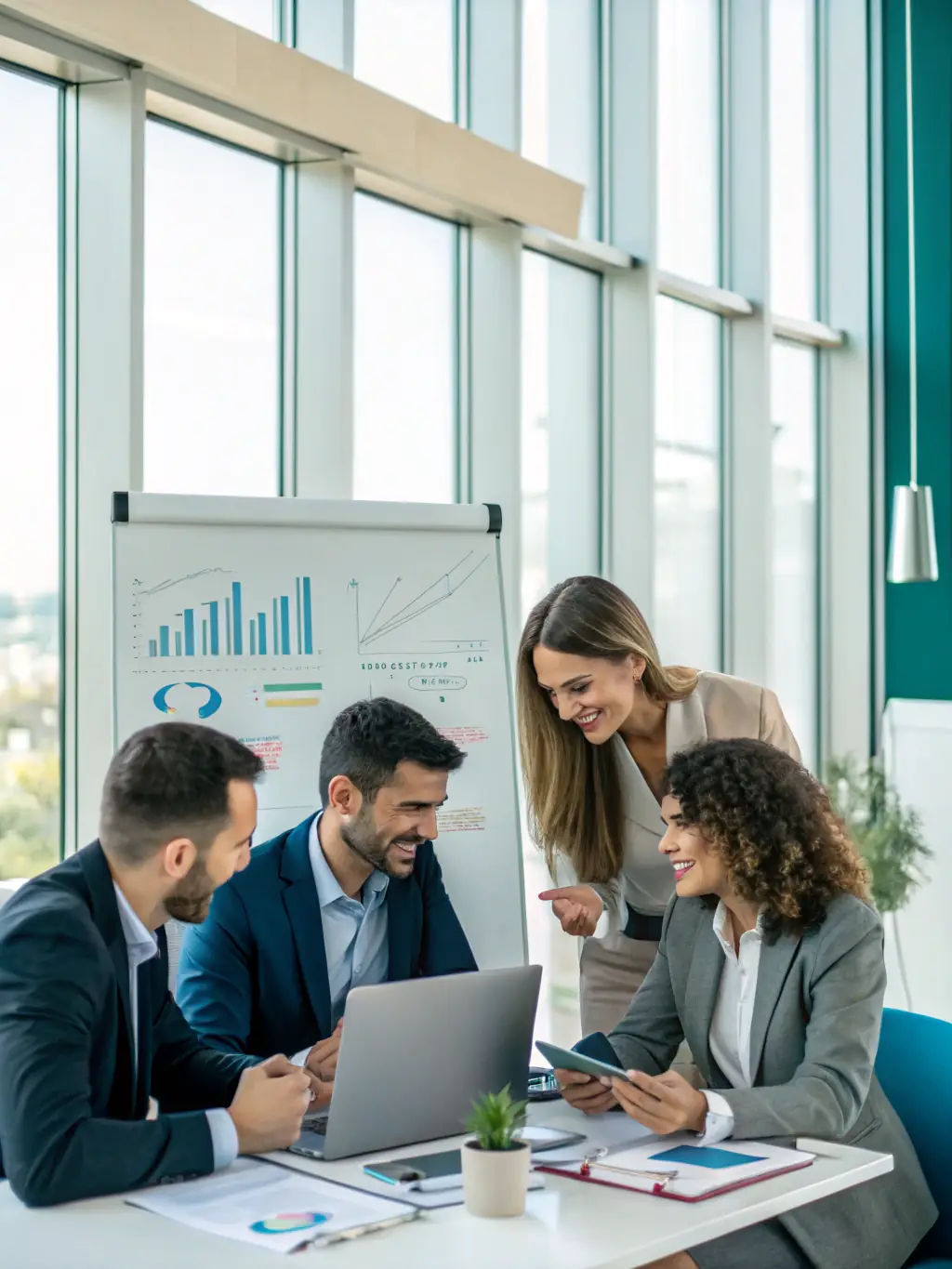 A diverse group of UK business professionals collaborating around a table, brainstorming ideas with BoostUKUno branding subtly visible in the background.
