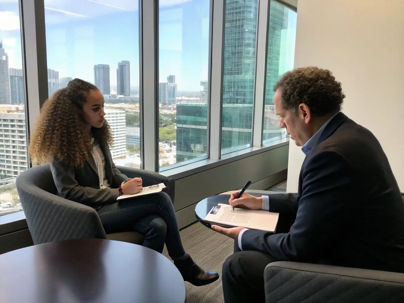 A business coach is providing one-on-one guidance to a young professional, offering advice on career development and leadership skills. The coach is actively listening and providing constructive feedback.