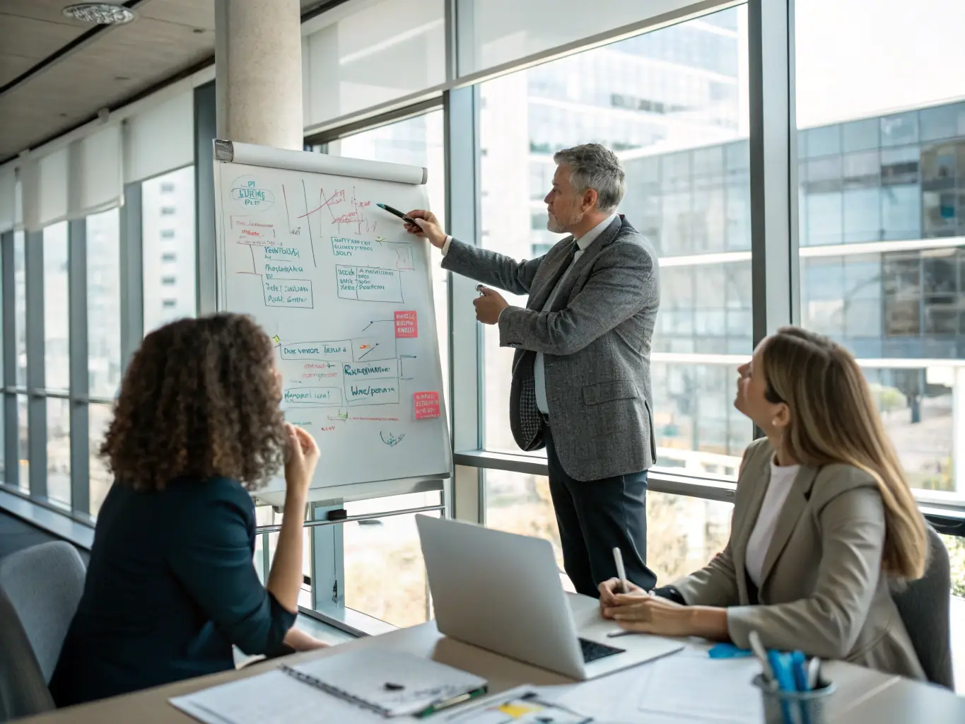 A professional business coach is guiding a business owner through a strategic planning session in a modern office setting. The coach is pointing at a whiteboard filled with growth strategies and financial projections.